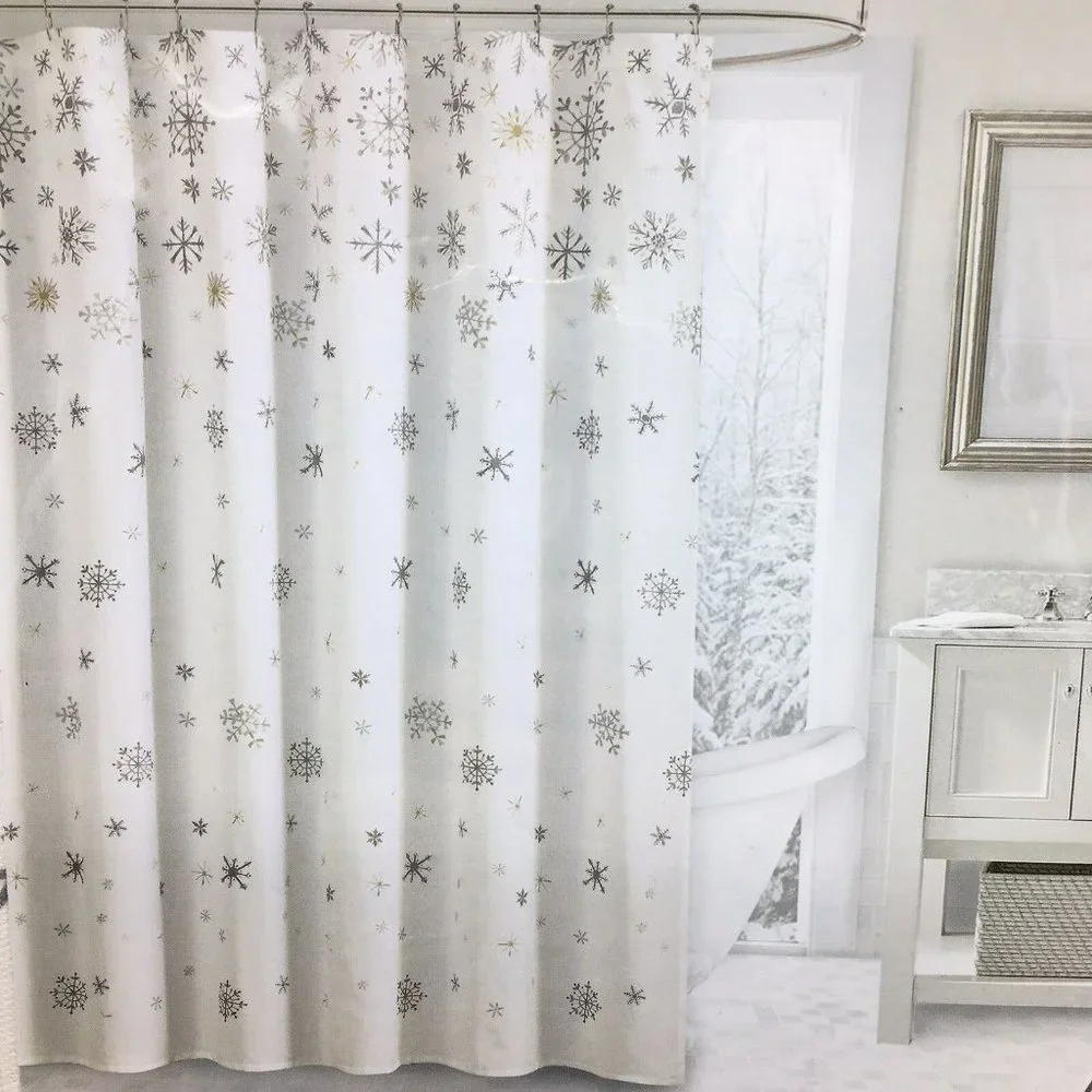 Envogue Shimmer Snowflake Shower Curtain Silver Gold Snowfall Christmas Holiday